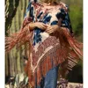 Angie Velvet Fringe Poncho In Cream And Blue In Multi