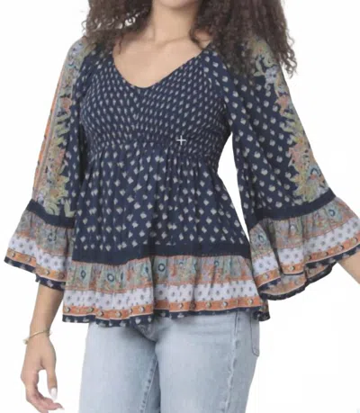 Angie Vneck Smocked Print Top In Blue