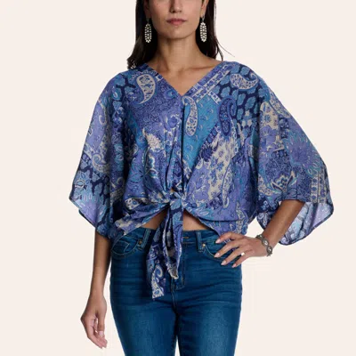 Angie Women's Blue & Cream Paisley Print Tie Front Denim Top