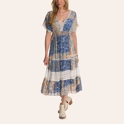 Angie Women's Blue & Yellow Floral Print Patchwork Midi Dress In Multi