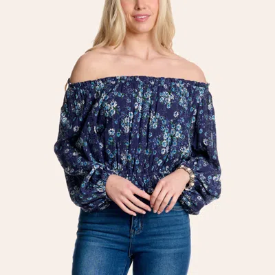 Angie Women's Blue Floral Print Off Shoulder Long Sleeve Peasant Top