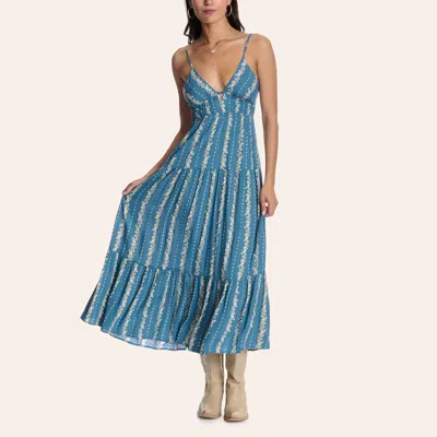 Angie Women's Blue Floral Stripe Print Tie-back Tiered Midi Dress