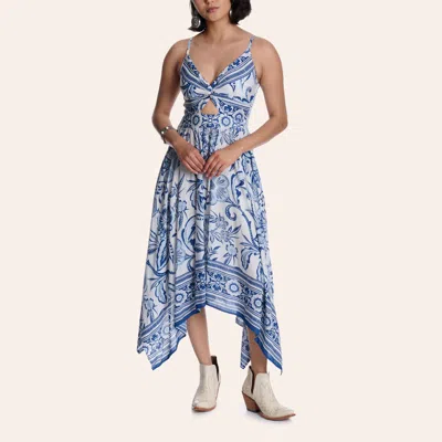 Angie Women's Ivory & Blue Paisley Print Handkerchief Hem Dress
