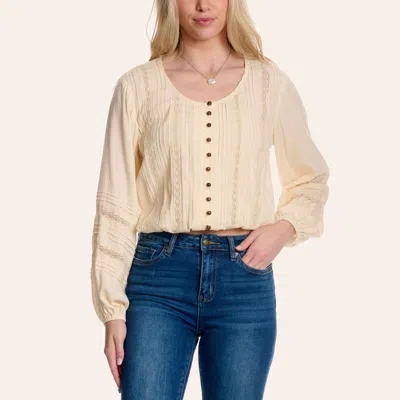 Angie Women's Ivory Lace Trim Long Sleeve Blouse In Yellow