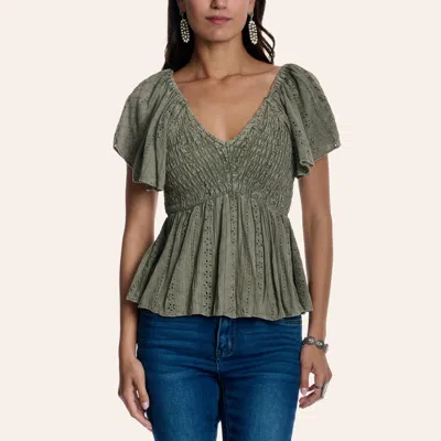 Angie Women's Olive Floral Eyelet Smocked Flutter Sleeve Top In Green
