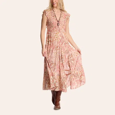 Angie Women's Peach Floral Paisley Print Smocked Flutter Sleeve Maxi Dress In Pink