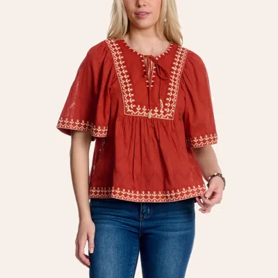 Angie Women's Rust & Cream Chevron Embroidered Peasant Top In Orange