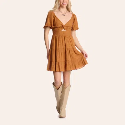 Angie Women's Rust Floral Eyelet Twist-front Mini Dress In Gold