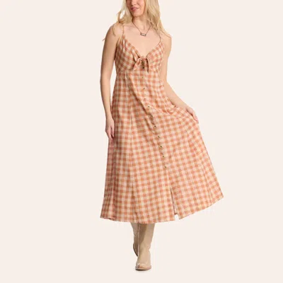 Angie Women's Rust Gingham Print Tie-front Button Up Maxi Dress In Sand