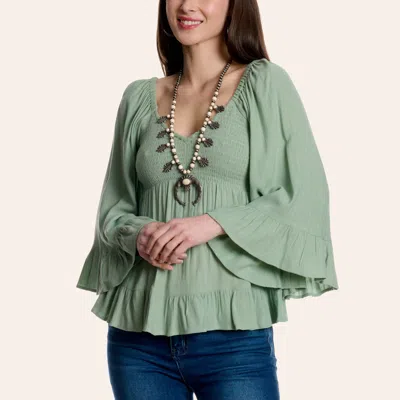 Angie Women's Sage Smocked Long Bell Sleeve Top In Green