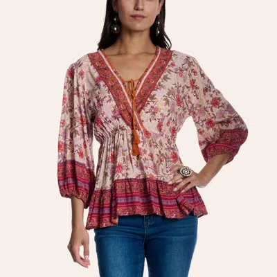 Angie Women's Sorbet Floral Print Tie-front Three-quarter Sleeve Peasant Top In Multi