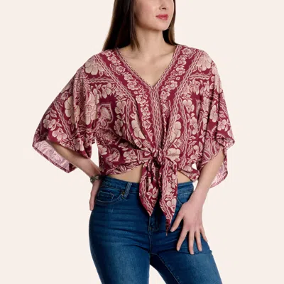 Angie Women's Wine Floral Print Tie Front Top In Burgundy