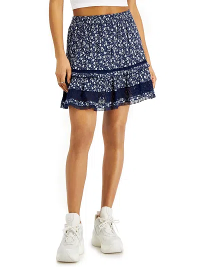 Angie Womens Lace Trim Floral Print Mini Skirt In Blue