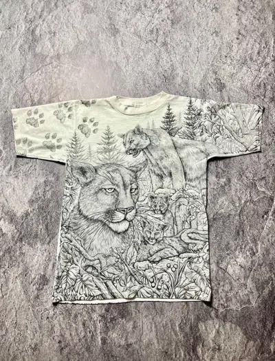 Pre-owned Animal Tee X Vintage 90's Single Stitch Lynx Overprint Animal Nature Tee Shirt In White