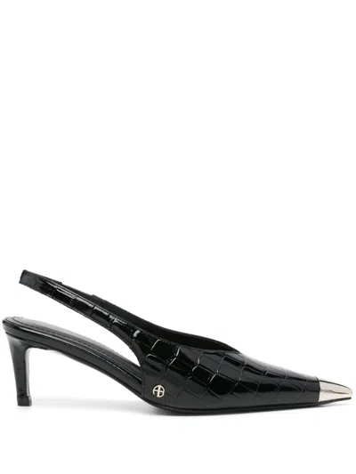 Anine Bing Nina Heels With Metal Toe Cap Slingbacks Black In Black Embossed