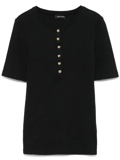 Anine Bing Ribbed Texture Short Sleeved T Shirt With Button Detailing In Black