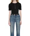 Anine Bing Ribbed Black Cotton Top With Button Placket In Black