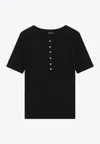 Anine Bing Ribbed Texture Round Neck Button Detailing Top In Black