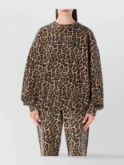 ANINE BING ANIMAL PRINT FLEECE CREW NECK TOP