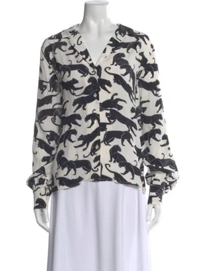 Pre-owned Anine Bing Animal Print V-neck Blouse In White
