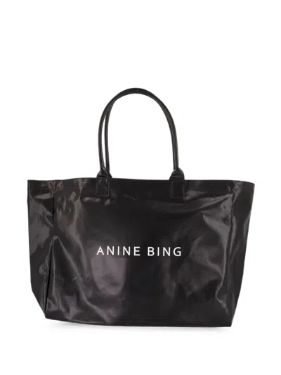 Anine Bing Black Polyurethane Coated Canvas Tote In Purple
