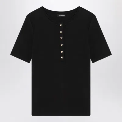 Anine Bing Ribbed Texture Short Sleeved T Shirt With Button Detailing In Black