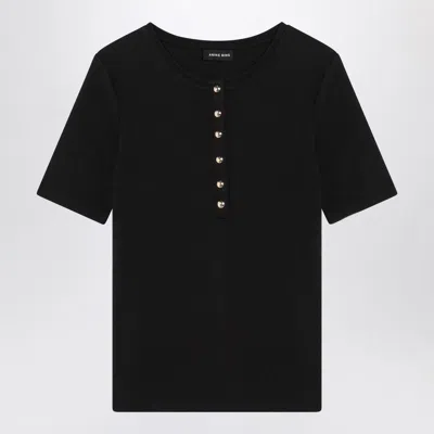 Anine Bing Ribbed Texture Short Sleeved T Shirt With Button Detailing In Black