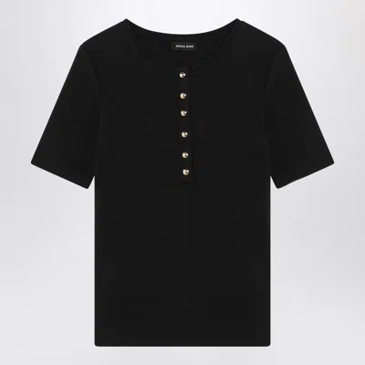 Anine Bing Ribbed Texture Short Sleeved T Shirt With Button Detailing In Black
