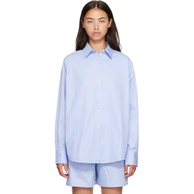 Anine Bing Womens Washed Blue Essie Pinstripe Cotton Shirt