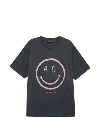 Anine Bing Patterned Crew Neck Short Sleeve T-shirt In Black