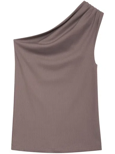 Anine Bing Camila One-shoulder Ribbed Top In Brown