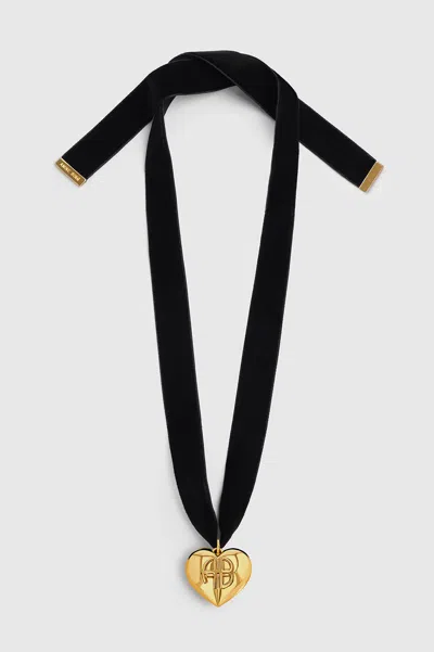Anine Bing Chunky Heart Velvet Choker In Black And Gold In 14k Gold