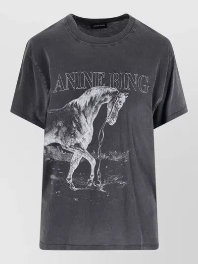 Anine Bing Crew Neck Graphic Print Short Sleeve Top In Gray