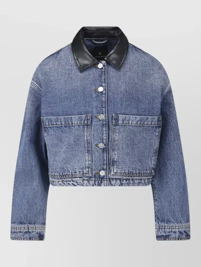 Anine Bing Cropped Denim Jacket Leather Collar Pockets In Animal Print