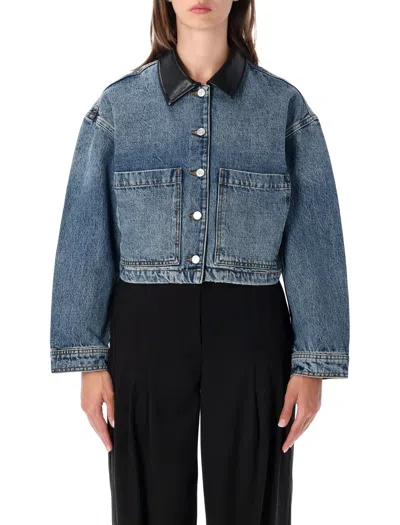 Anine Bing Cropped Denim Jacket With Faux Leather Collar In Cabana Blue