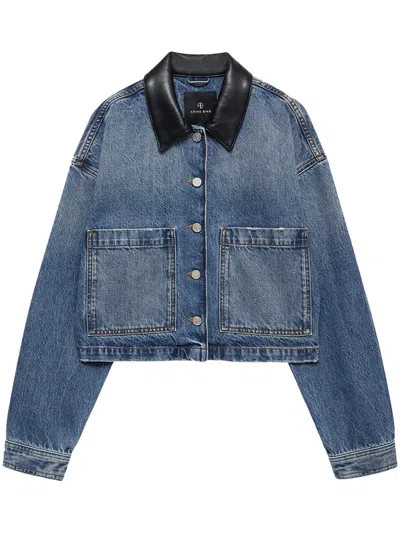 Anine Bing Cropped Denim Jacket With Leather Collar And Boxy Silhouette In Blue