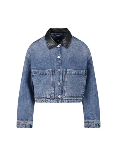 Anine Bing Cropped Denim Jacket With Leather Collar In Blue