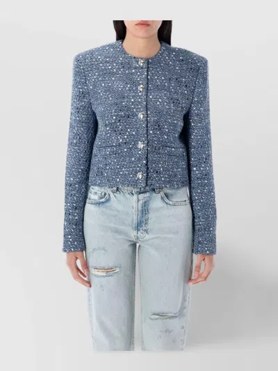 Anine Bing Cropped Tweed Jacket With Four Button Cuffs In Blue
