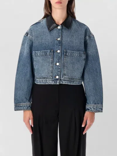 Anine Bing Cropped Denim Jacket With Faux Leather Collar In Blue