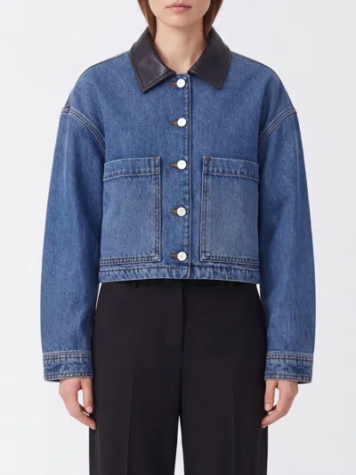 Anine Bing Denim Jacket With Leather Collar And Dropped Shoulders In Blue
