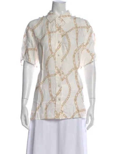 Pre-owned Anine Bing Graphic Print Short Sleeve Button-up Top In White