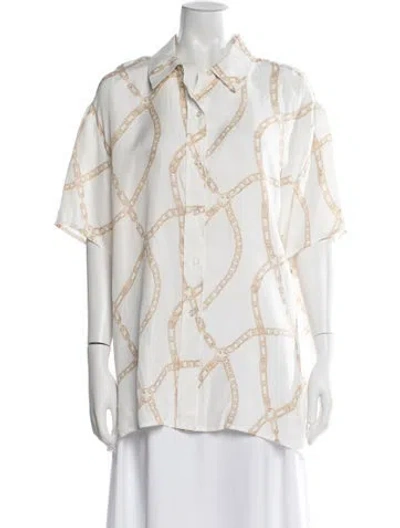 Pre-owned Anine Bing Graphic Print Short Sleeve Button-up Top In White