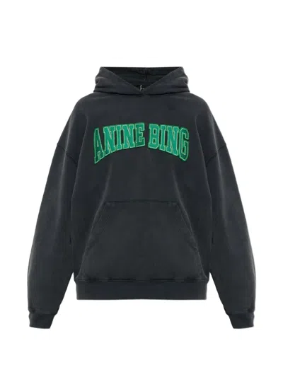 Anine Bing Black Harvey Hooded Sweatshirt In Cotton In Gray
