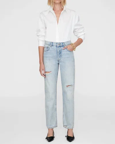 Anine Bing Kate Mid Rise Straight Leg Jeans In Destructed Bleach Blue In White