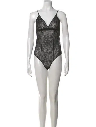 Pre-owned Anine Bing Lace Lace Pattern Bodysuit In Black