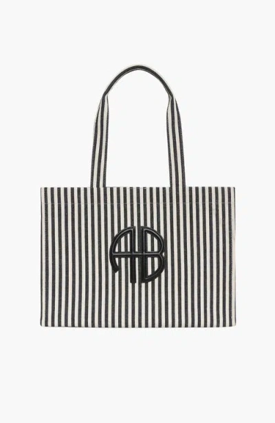 Anine Bing Lara Striped Canvas Tote In Black