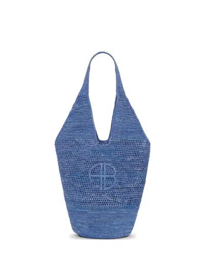 Anine Bing Leah Logo Raffia Tote Bag In Blue