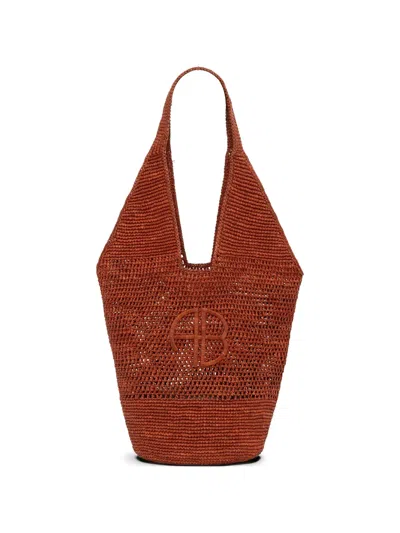 Anine Bing Leah Logo Raffia Tote Bag In Brown