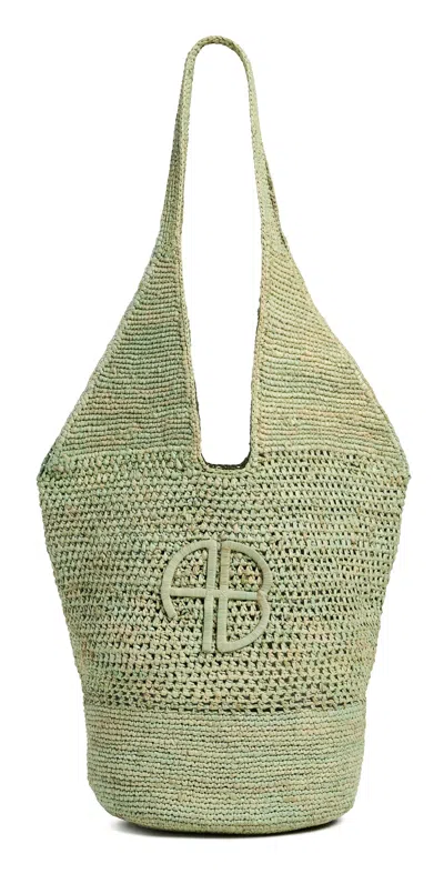 Anine Bing Leah Raffia Logo Hobo Bag Sea Foam Green