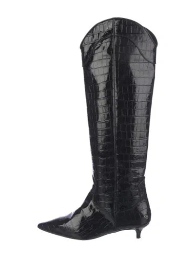 Pre-owned Anine Bing Leather Animal Print Western Boots In Black